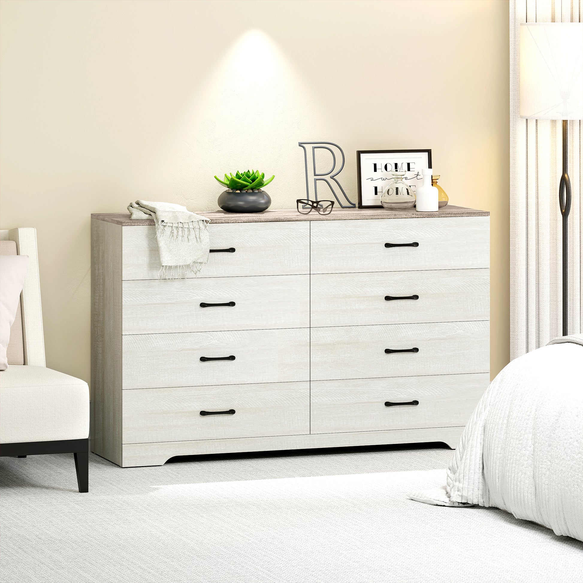 Cassettiera 8 Cassetti Moderna 140x40x86 cm in Legno Noce e Grigio Chiaro