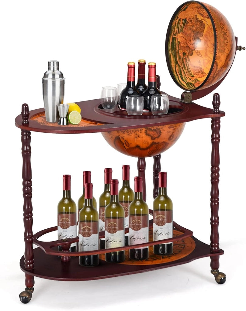 Porta Bottiglie di Vino con Ruote, Mappamondo Bar, Portabottiglie Vino in Legno Eucalipto, Carrello da Bar, Mini Bar con Ruote a Stile Classico (45 x 45 x 88 cm, marrone)
