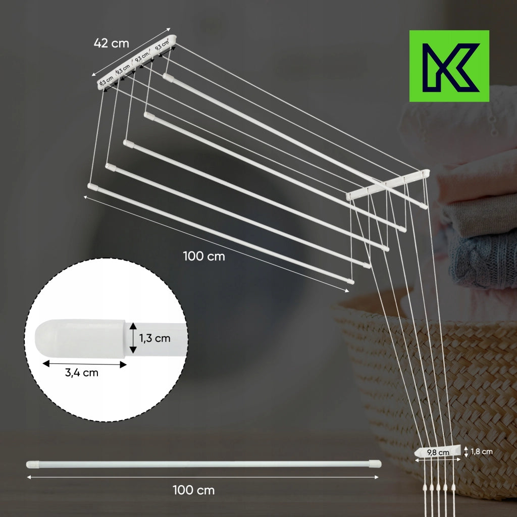 Stendibiancheria da soffitto KADAX per bagno, 5 barre, 100 cm, resistente e robusto.