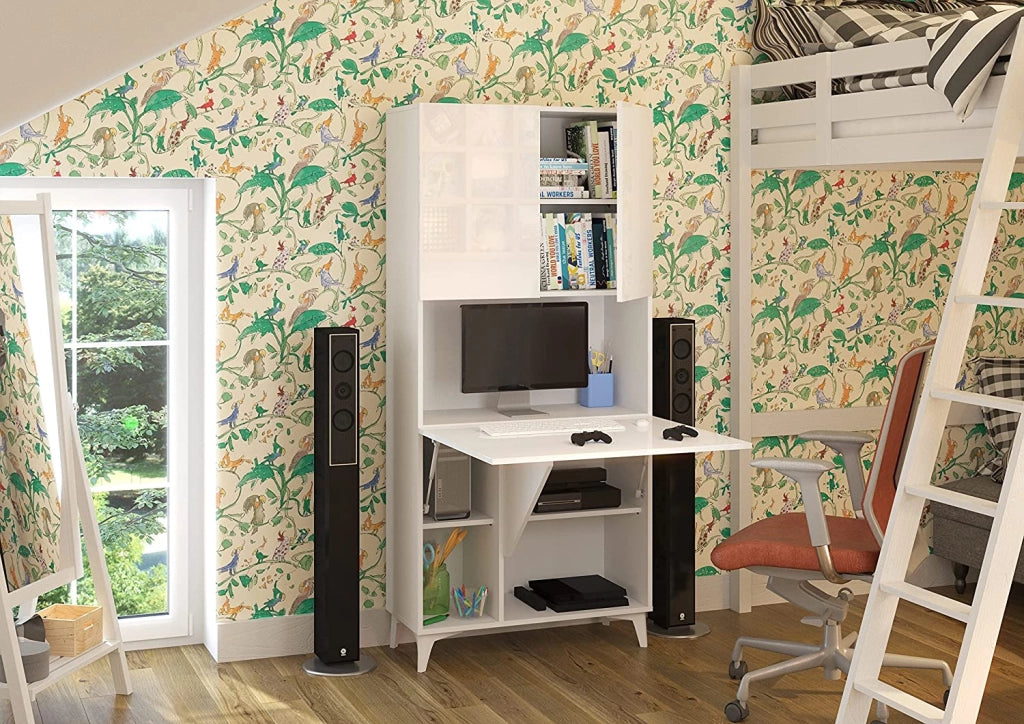 MOBILE SCRIVANIA COMPUTER LIBRERIA MEGAN H175x80x36cm BIANCO LUCIDO