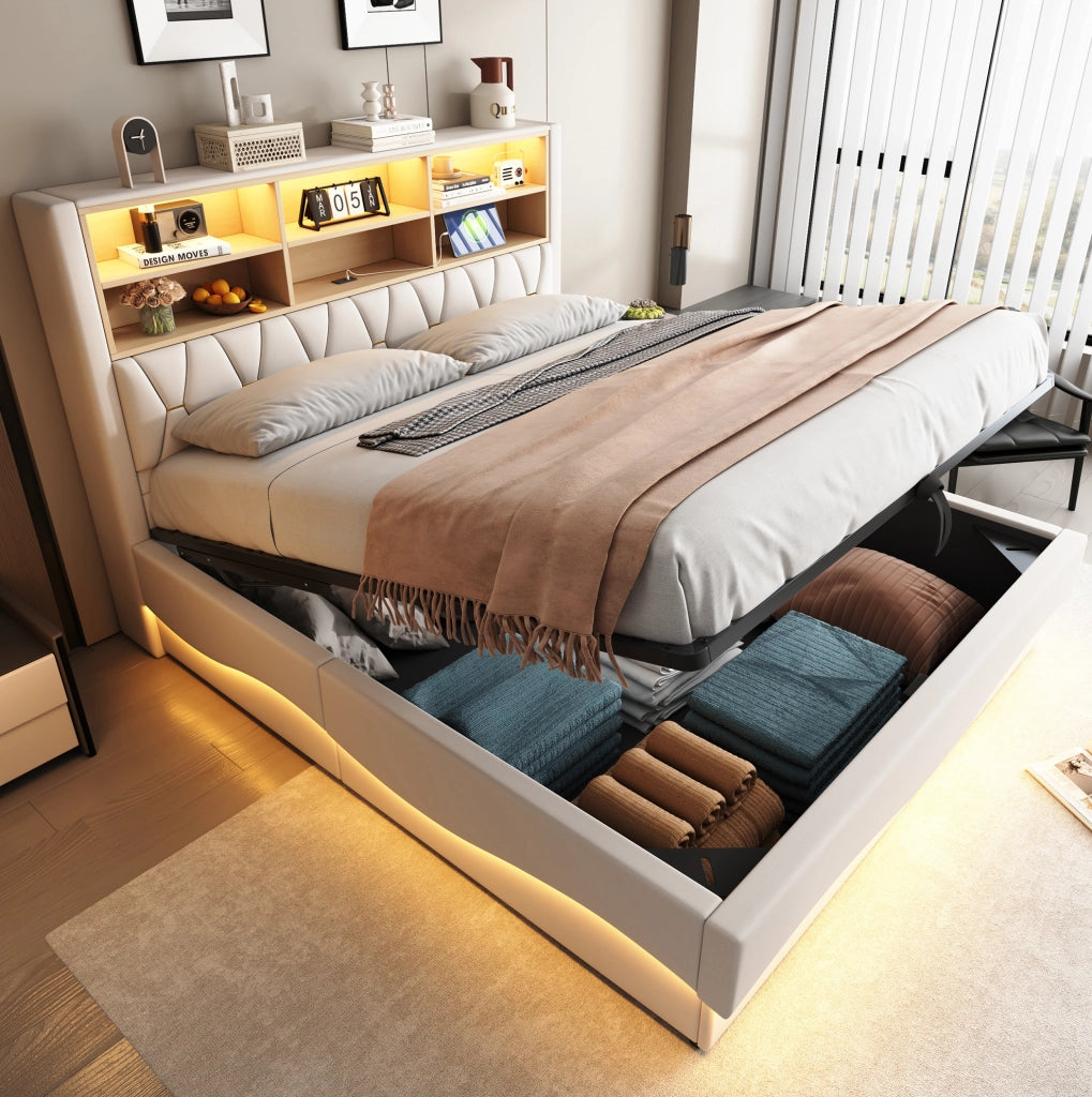 Letto matrimoniale 180x200 cm con contenitore; LED controllabile via app; USB e rivestimento in lino beige