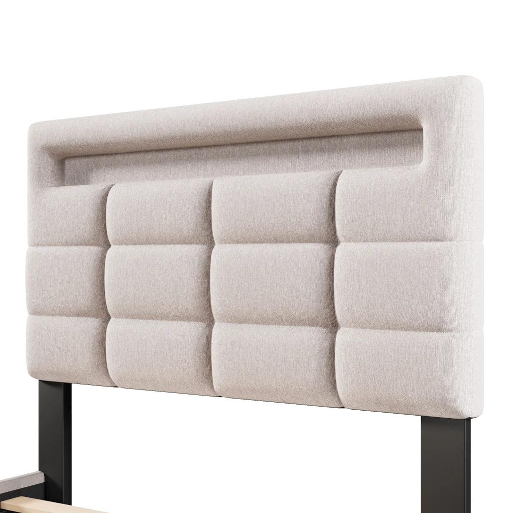 Letto imbottito 90x200 cm con contenitore idraulico e LED APP in lino