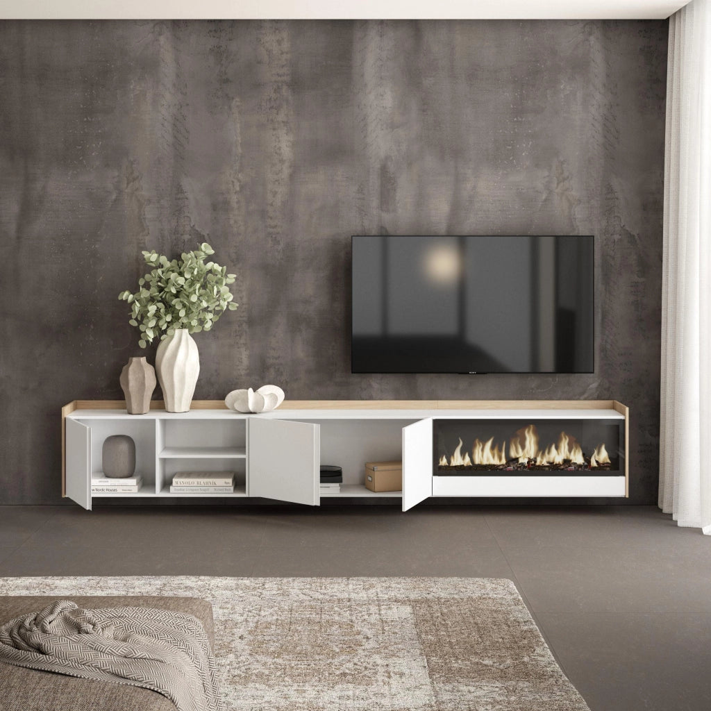 Mobile TV Soggiorno, 315x50x35 cm, Per TV fino a 80", Camino elettrico XXL, Sospeso, da appendere, Bianco e Rovere soft