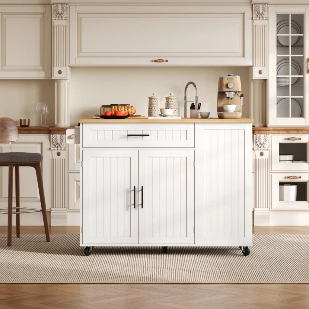 Isola da cucina mobile con piano ribaltabile, carrello portaoggetti, cassetto, ruote frenanti, 130x70x93 cm