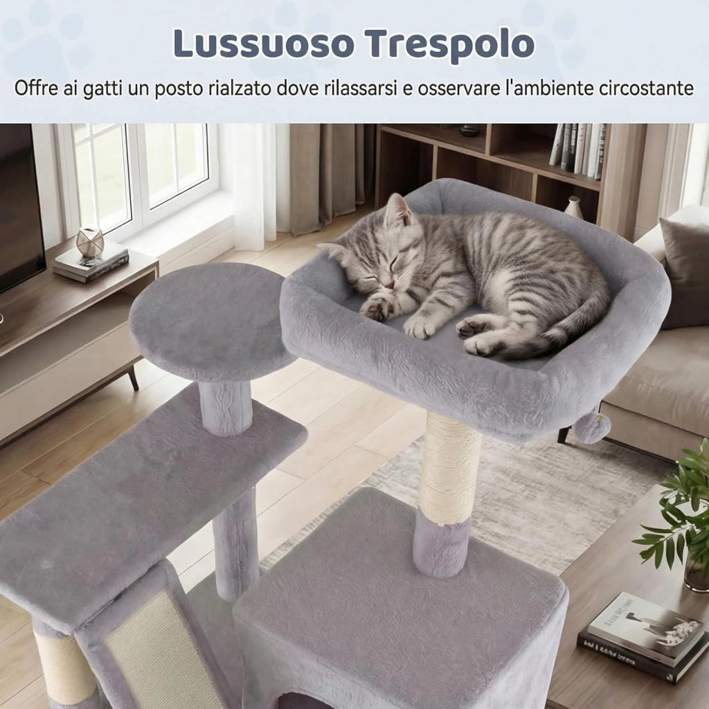 Albero per Gatti Alto 158 cm, Albero Tiragraffi con Trespolo di Peluche, Grotta, Amaca, Tiragraffi in Sisal, Rampa, Corda Appesa e Pallina Pendenti, Centro Attività per Gattini (Grigio Chiaro)