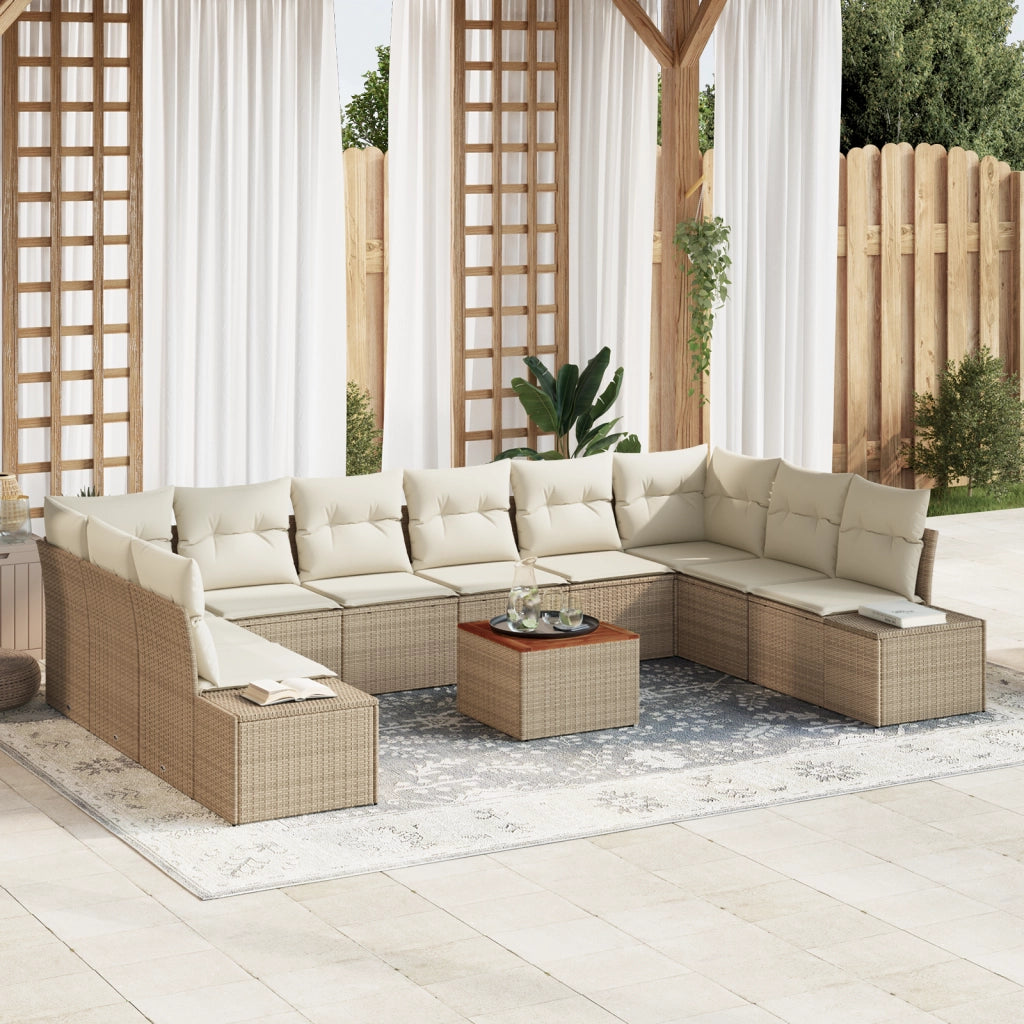 Set Divano da Giardino di 11 Pezzi con Cuscini Beige in Polyrattan e Acacia