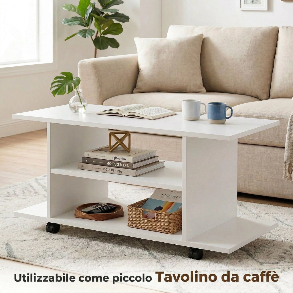 Mobile Porta TV Moderno con Ripiani. Ruote Girevoli e Freni. 80x40x40 cm. Bianco