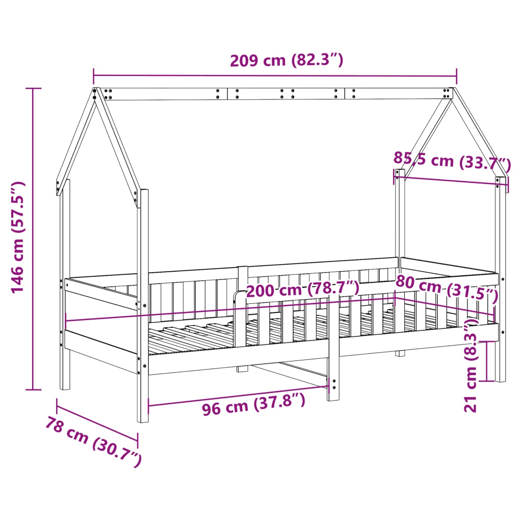 Giroletto Casetta per Bambini-Struttura Letto Bambini 80x200 cm Legno Massello di Pino 200711