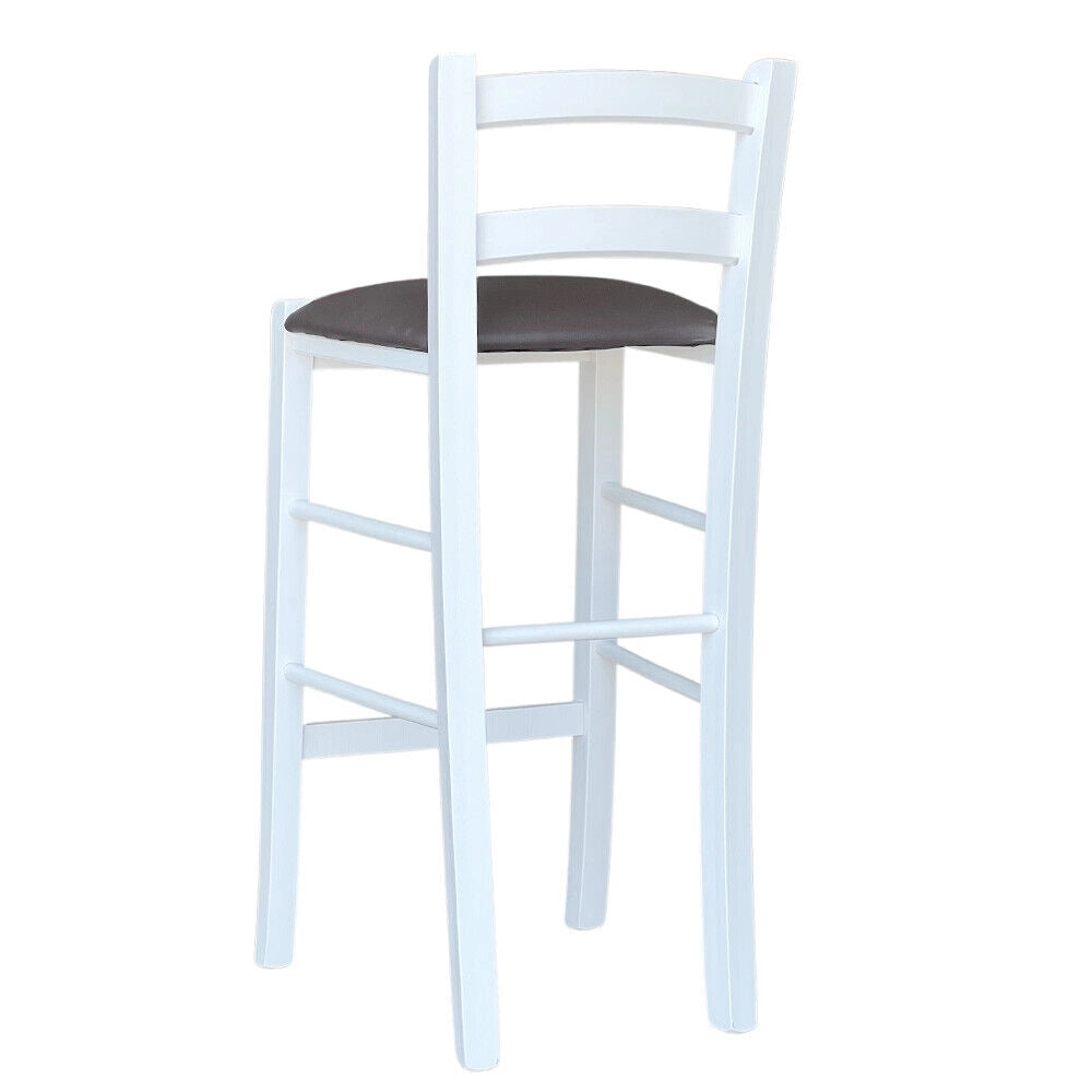 Sgabello legno bianco sedile  similpelle marrone h 67 cm da terra alla seduta