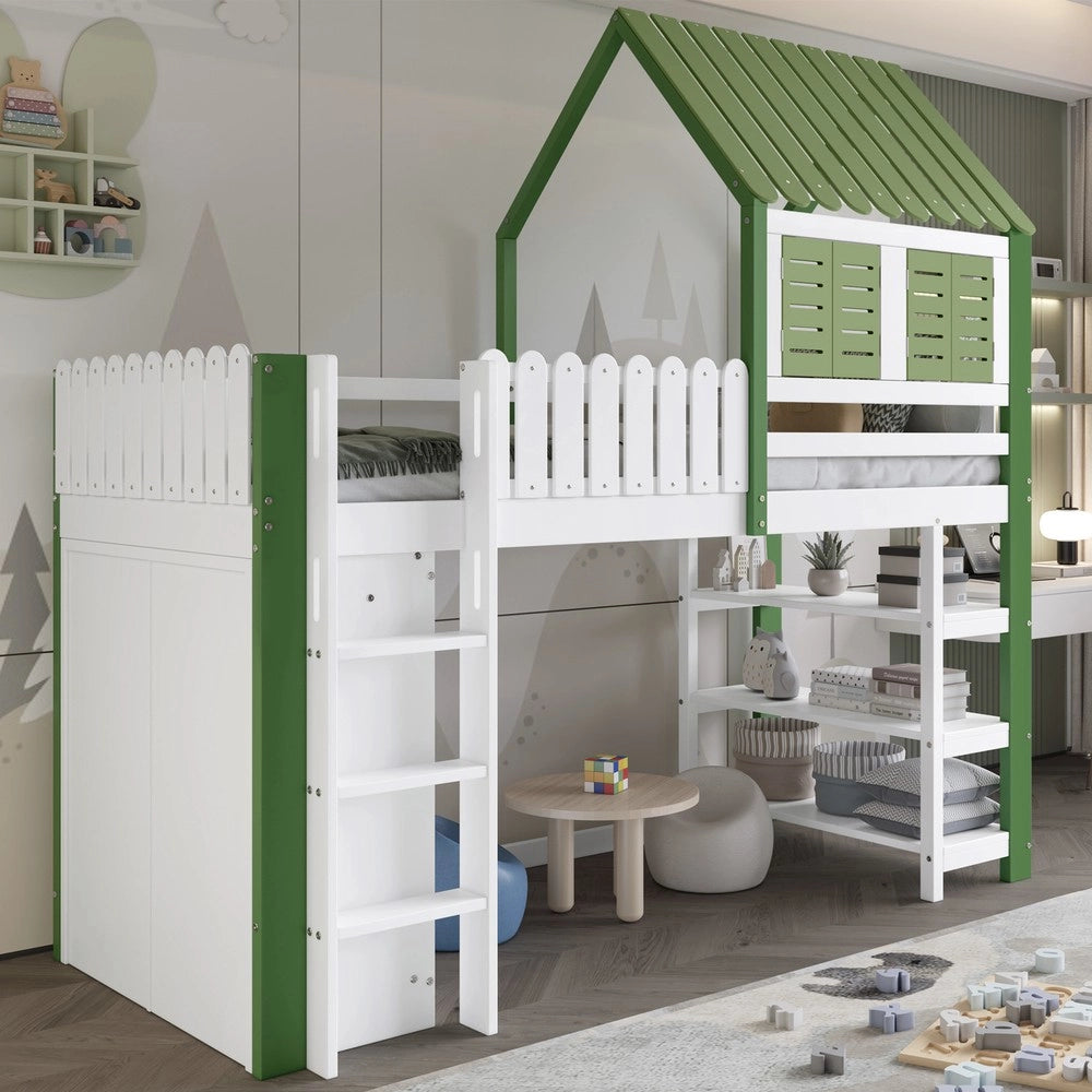 Letto a Soppalco per Bambini con Armadio, Rete a Doghe e Scala ¨C MINIMAL ¨C Pino/MDF, Bianco e Verde, 90x200