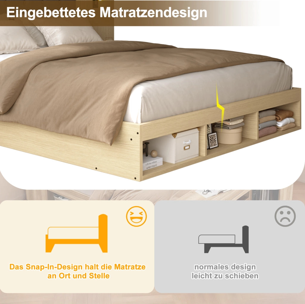 Letto matrimoniale in MDF rovere chiaro con ricarica e illuminazione