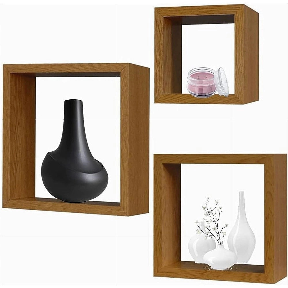 Trade Shop - Set 3pz Mensole Da Parete A Cubo Moderne Design Quadrato Effetto Legno 2 Ripiani -