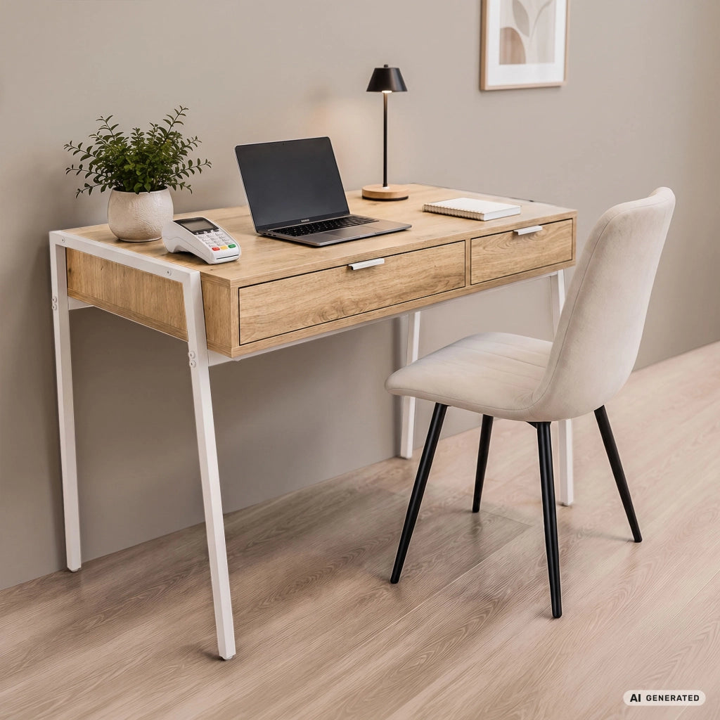 Scrivania industriale per computer Rovere Artisan ZENTIA 100 cm 2 cassetti gambe bianche
