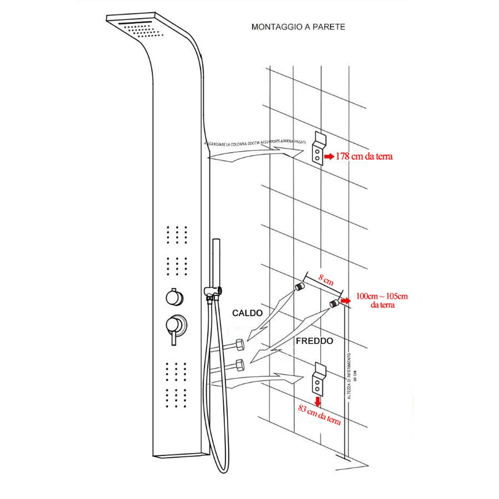 COLONNA PANNELLO DOCCIA IN ACCIAIO SATINATO H.150x22x45cm 4 FUNZIONI "NEW YORK" FERIDRAS