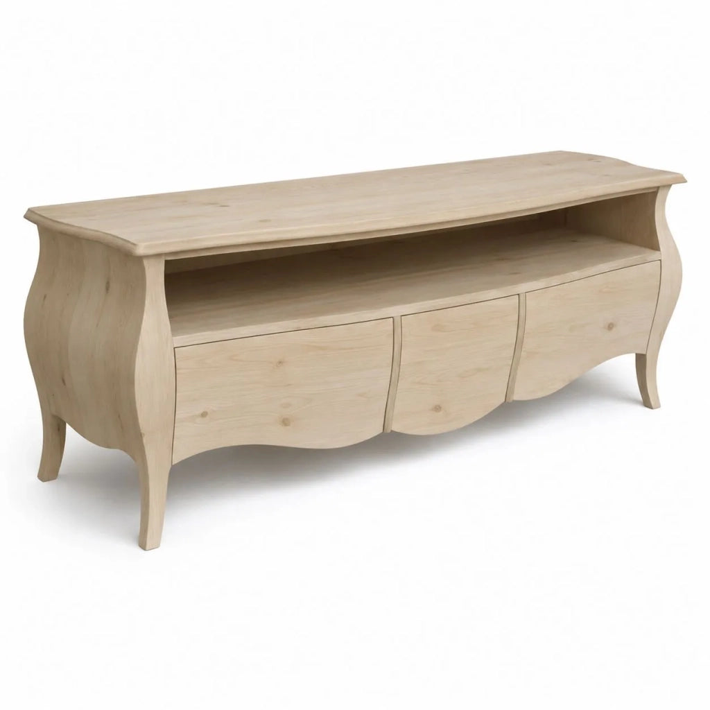 Porta tv  classico in legno bombato 3 cassetti grezzo l.176 p.45 h.62 (3268) - Mobili 2G