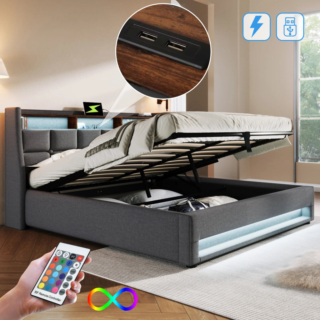 OKWISH Letto Contenitore 140×200 cm, Letto Matrimoniale con USB, LED Regolabile e Mensola, senza Materasso, in Lino, Grigio