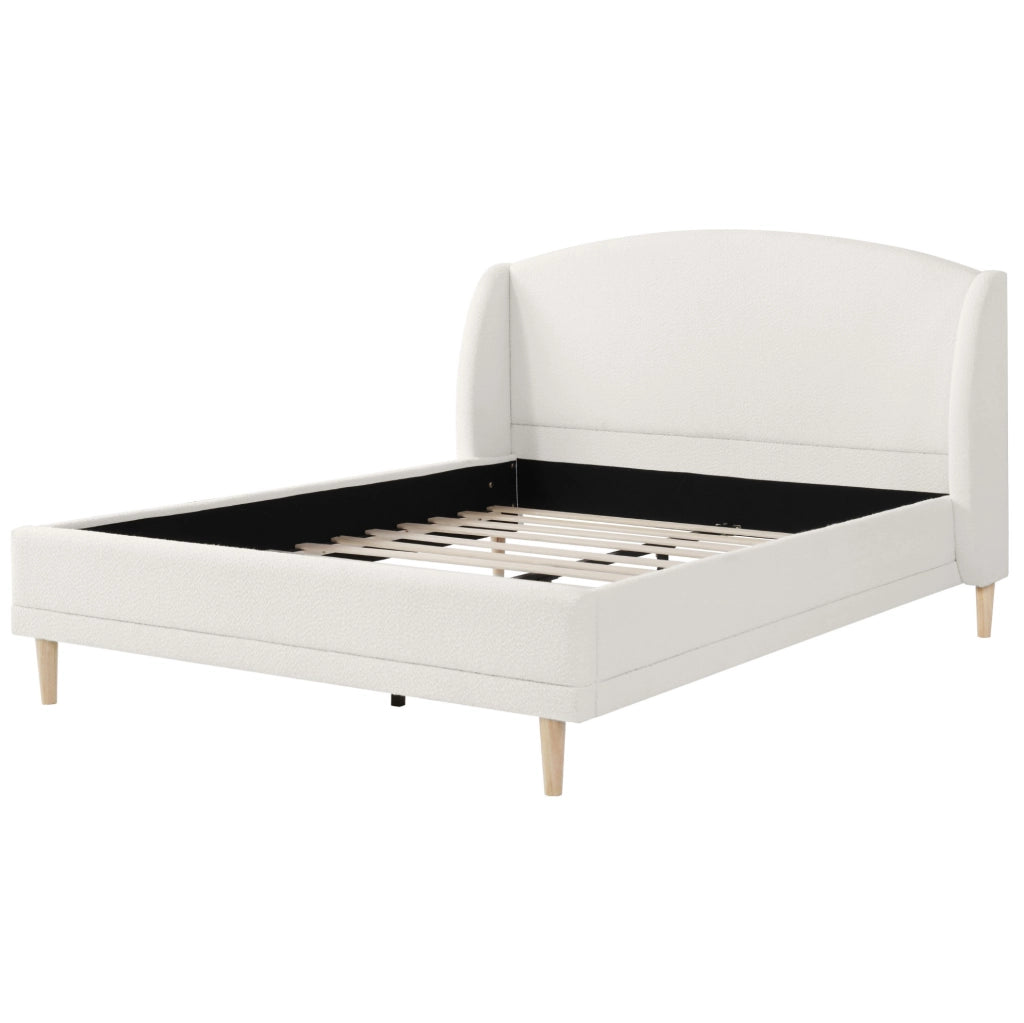 Letto matrimoniale 140x190 cm con testiera a orecchie; rivestimento bouclé bianco