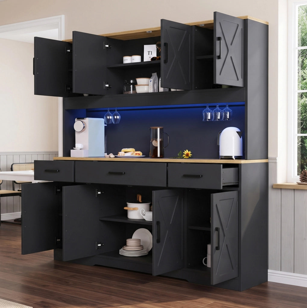 Credenza buffet 150x40x180 cm con LED; 2 prese; USB-A e USB-C; nero in truciolare