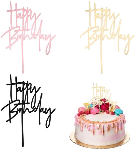 Decorazione per torta Happy Birthday - 3 pezzi, topper in acrilico riciclabile