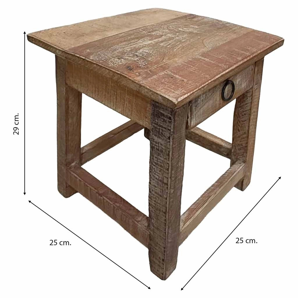 Sgabello con cassetto in legno con finitura artigianale marrone 25x25x29 h cm