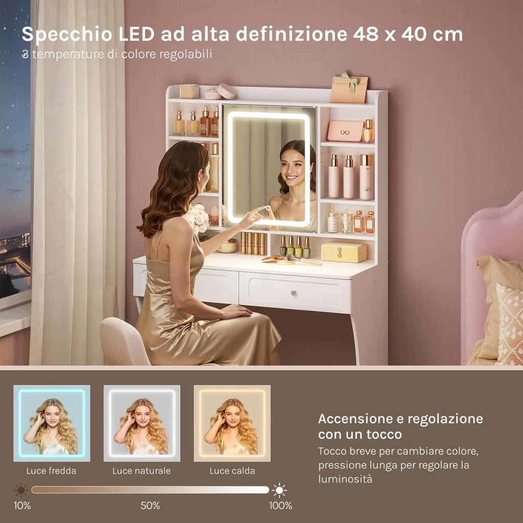 Toeletta Trucco con Specchio e Luce, Illuminazione Regolabile in 3 Colori, Postazione Trucco con 2 Cassetti, 8 Scomparti Aperti e Armadietto, per Camera da Letto, Cabina Armadio, Bianco
