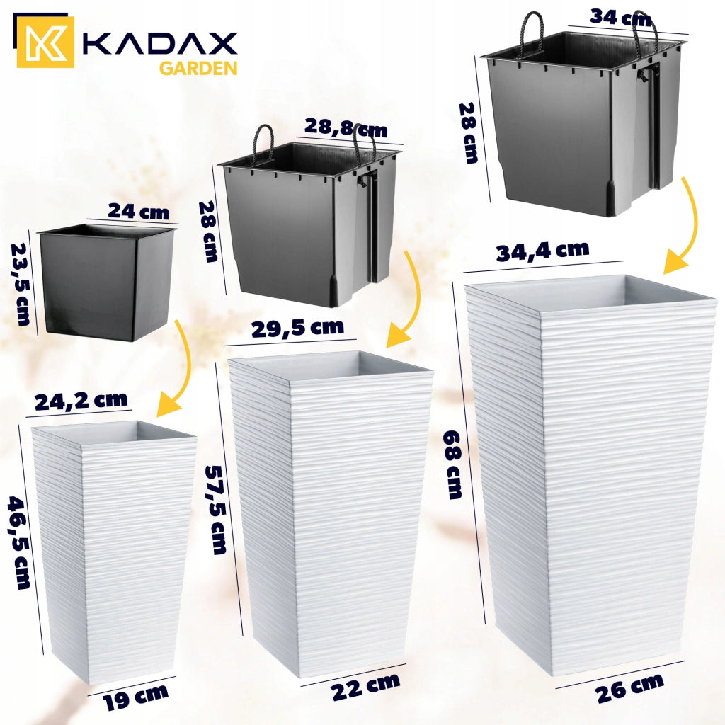 Set di 3 vasi da fiori KADAX, vasi da giardino + inserti, alti, grandi, bianchi, 47+57+68 cm