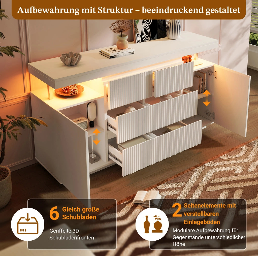 Credenza LED bianca 150 cm con 6 cassetti e 2 ante