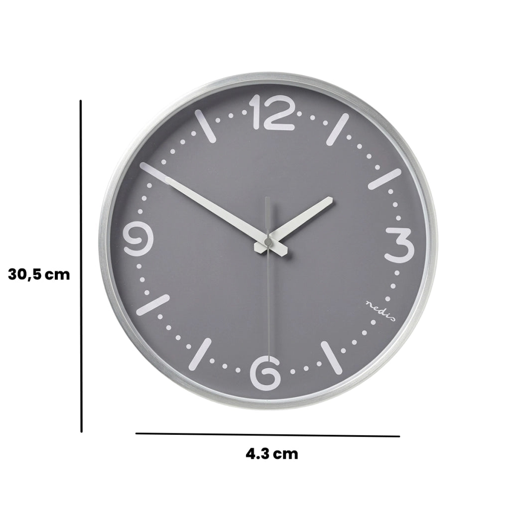 Orologio da Parete Silenzioso Diametro 30 cm in Alluminio Facile da Leggere Grigio Nedis