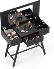 Tavolo da trucco con specchio pieghevole, con stazione di ricarica, cassetto, 6 scomparti per riporre oggetti, vassoio nascosto, scrivania da toeletta 2 in 1, per camera da letto, studio (nero