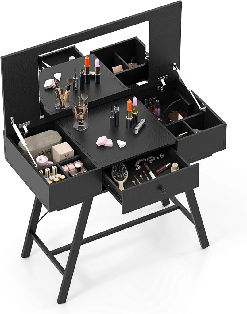 Tavolo da trucco con specchio pieghevole, con stazione di ricarica, cassetto, 6 scomparti per riporre oggetti, vassoio nascosto, scrivania da toeletta 2 in 1, per camera da letto, studio (nero