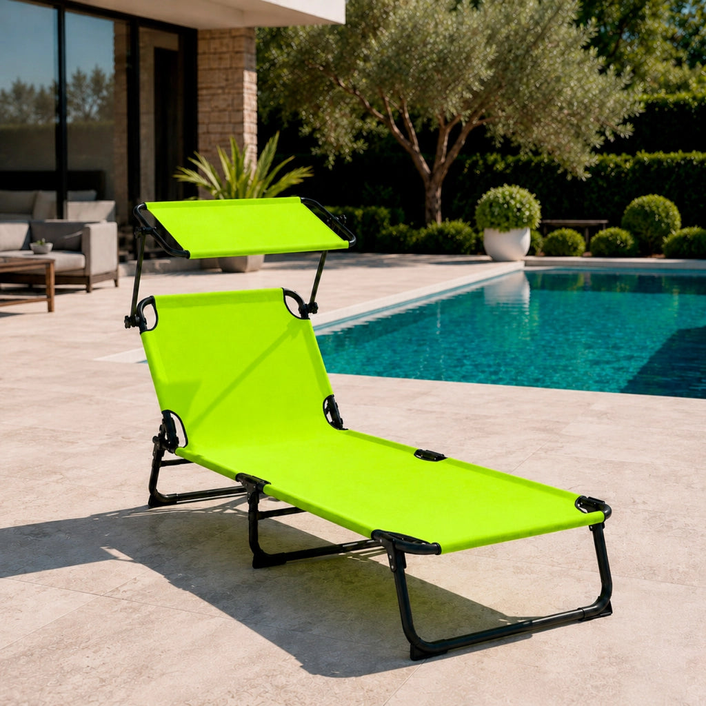 Lettino Mare Pieghevole Con Parasole Regolabile Schienale Reclinabile Struttura In Metallo Nero Sdraio Relax Per Spiaggia Giardino Campeggio Piscina 187 x 53 x 24 Cm (Verde Fluo)