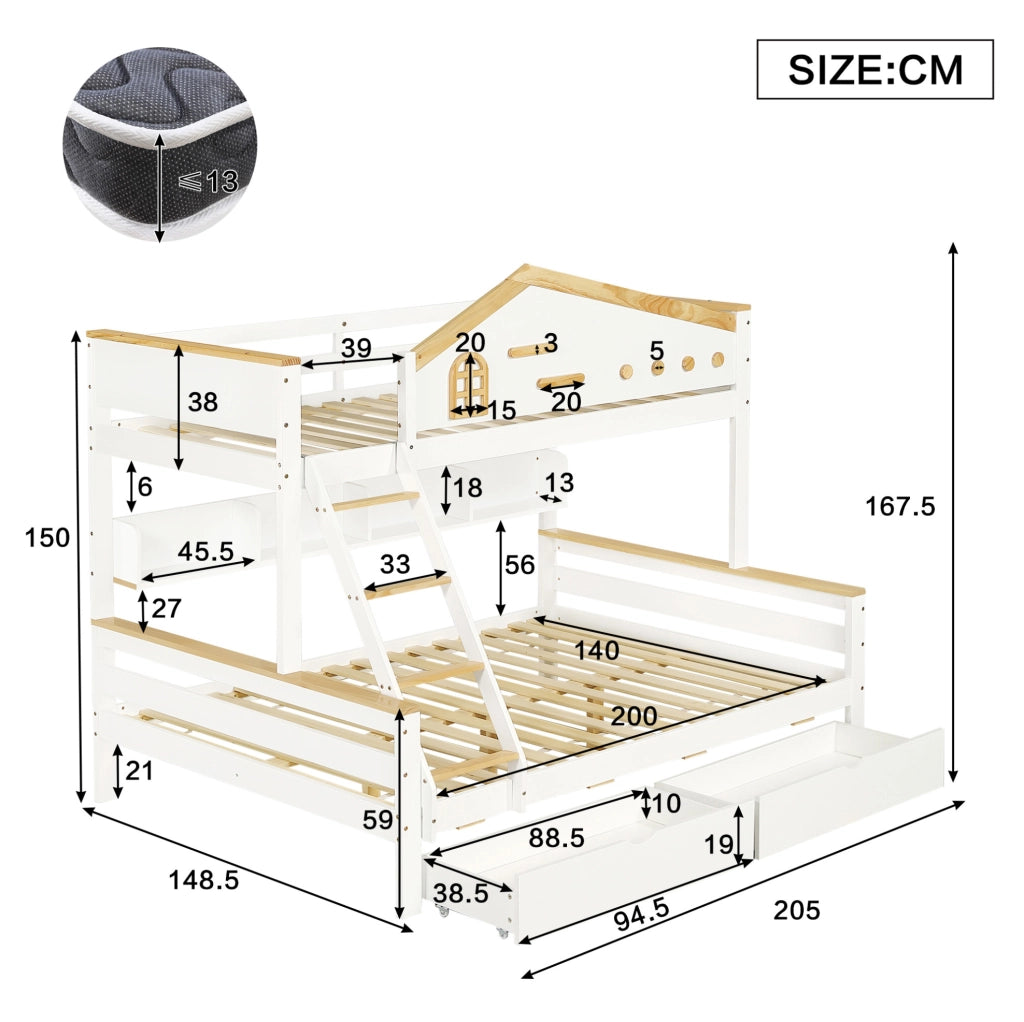 Letto a castello 90x200 cm e 140x200 cm con finestre; scala a 4 gradini e cassetti; bianco naturale