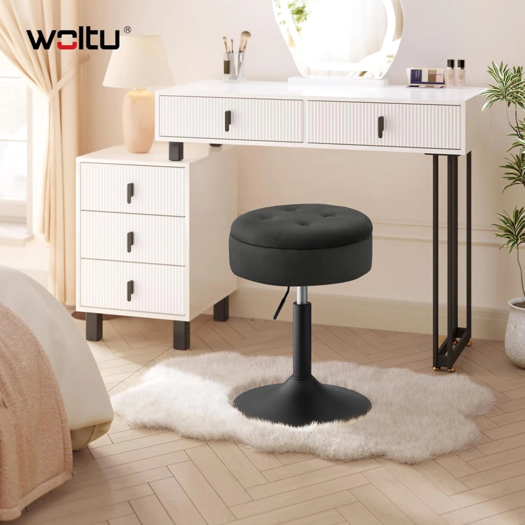 Set di 2 Sgabelli Piccolo da Bar in Velluto e Metallo, Sedia da Pranzo con Vano Portaoggetti, Sgabello Rotondo Girevole, Altezza Regolabile tra 49,5-65cm, Nero BH329sz-2