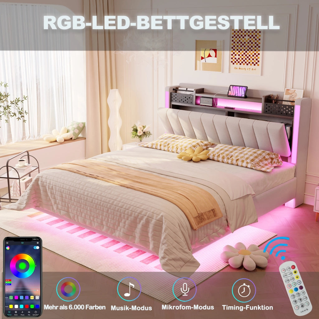 DESMIU Letto Matrimoniale Imbottito 140 × 200 cm con USB, LED, Vano Contenitore e Ripiani, Senza Materasso