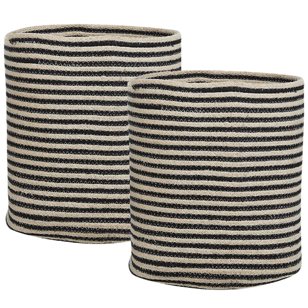 Set di 2 cestini in tessuto di cotone beige e nero con accessori per la conservazione boho a righe