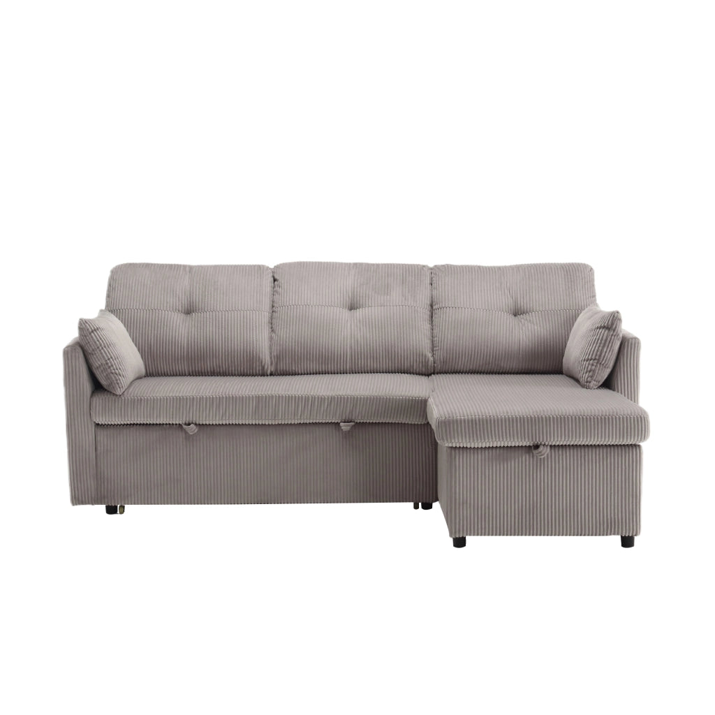 Divano letto angolare con contenitore e letto estraibile; chaise intercambiabile; grigio chiaro in velluto a coste