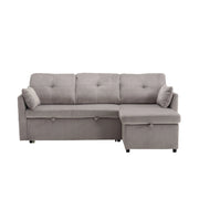 Divano letto angolare con contenitore e letto estraibile; chaise intercambiabile; grigio chiaro in velluto a coste