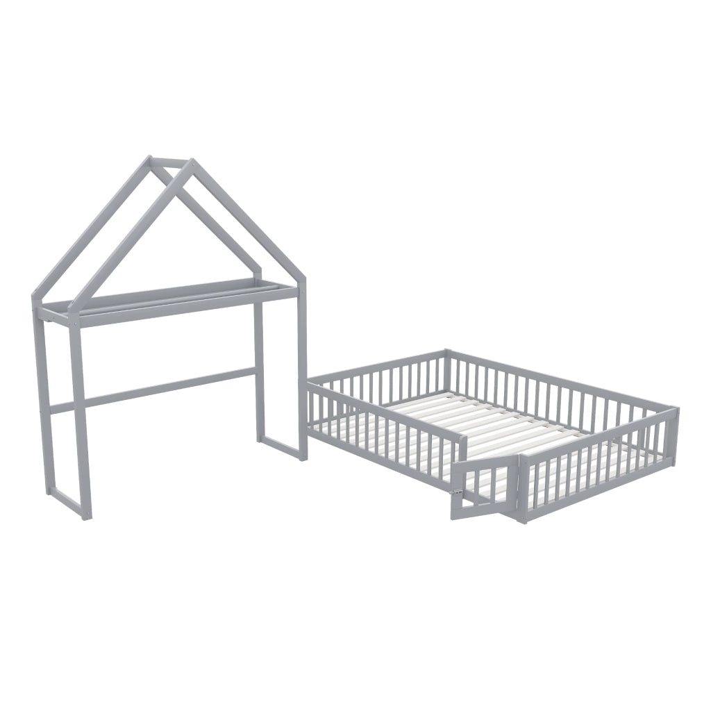 Letto per bambini grigio con funzione contenitore e rete a doghe in legno massello 140x200 cm