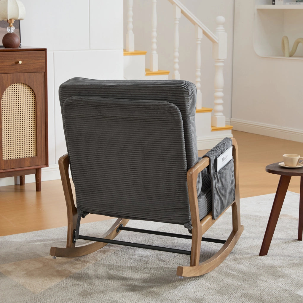 Sedia a dondolo 70x80x92 cm con poggiapiedi; schienale regolabile; in cord grigio