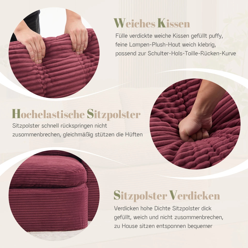 Fauteuil convertible 2 in 1 in cord con doppio portabicchieri, schienale alto e seduta extra profonda vinaccia