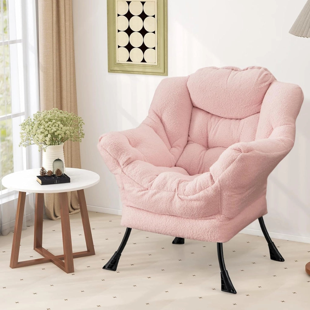 Poltrona da lettura moderna con struttura in metallo, 80 x 74 x 97 cm, sedia da divano imbottita in finta pelliccia, poltrona singola con braccioli e tasca laterale, per soggiorno, ufficio