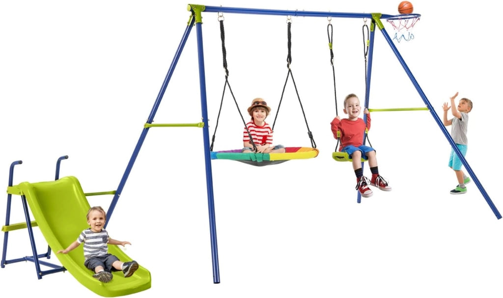 4 in 1 Set di Altalena da Giardino per Bambini con Scivolo, Canestro Basket, Altalena a Nido, Altalena con Sedile, Corde Regolabili e Struttura in Metallo, per Interno ed Esterno