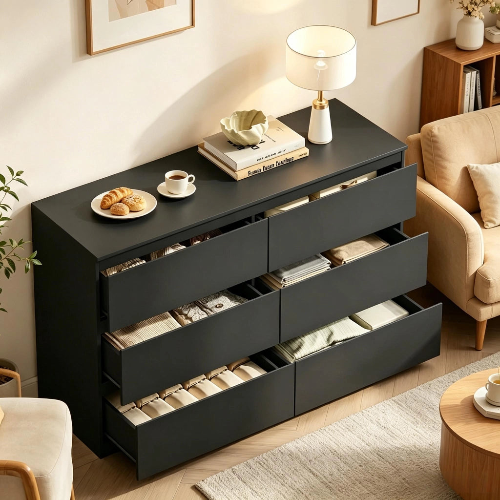Credenza con 6 cassetti, per soggiorno e camera da letto, in legno ingegnerizzato, nero, 120 × 40 × 75 cm