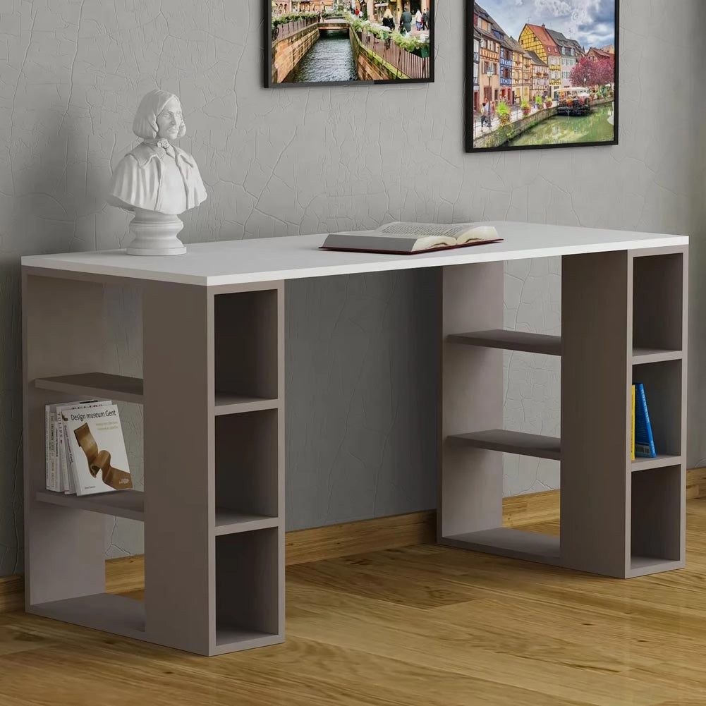 Scrivania con Libreria 6 Ripiani 140x60x75 cm Tavolo Porta Pc Computer in Legno Tortora