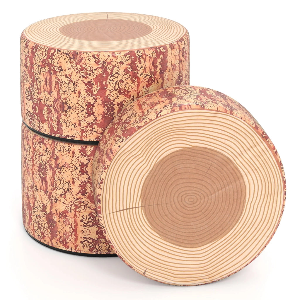 Set 3 sgabelli ceppo albero cuscini pavimento stampa legno altezze diverse, Sgabelli rotondi bambini aula casa asilo decorazione naturale tinta legno scura