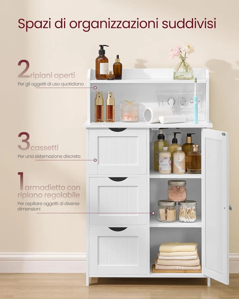 VASAGLE 100 cm di Altezza Mobile Bagno, Mobiletto Bagno con Multipresa, 3 Cassetti, 1 Anta, 2 Ripiani Regolabili, Armadietto per Sala da Pranzo, Cucina, Soggiorno, Bianco Nuvola BBC775W03