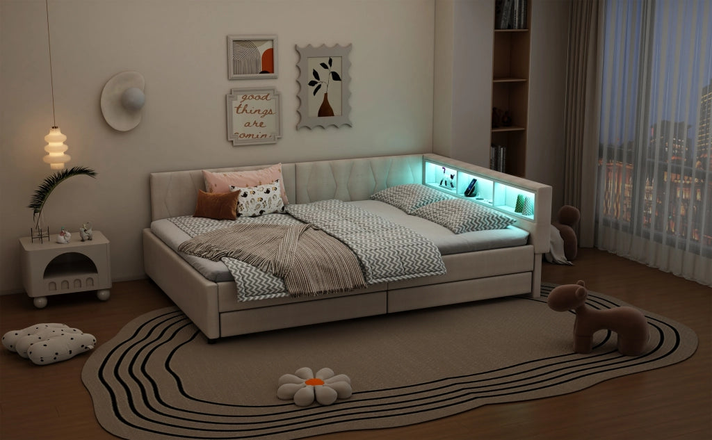 DESMIU Letto divano 140 × 200 cm 2 posti con LED regolabile, USB, Type-C, 2 cassetti, senza materasso, lino beige