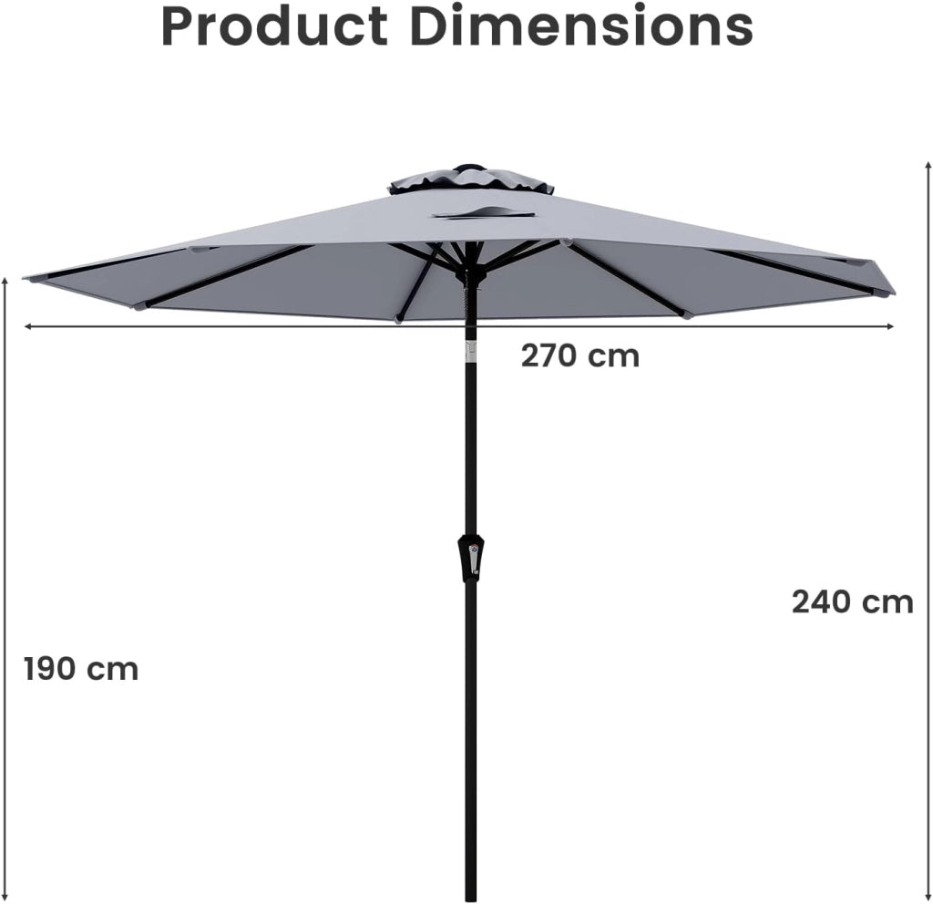 Ombrellone da Giardino Ø270cm, Ombrellone Inclinabile e Portatile, Anti UV e Antivento, Ombrellone da Esterno con 8 Ossa e Manovella, Ombrellone da Balcone, Mercato, Spiaggia