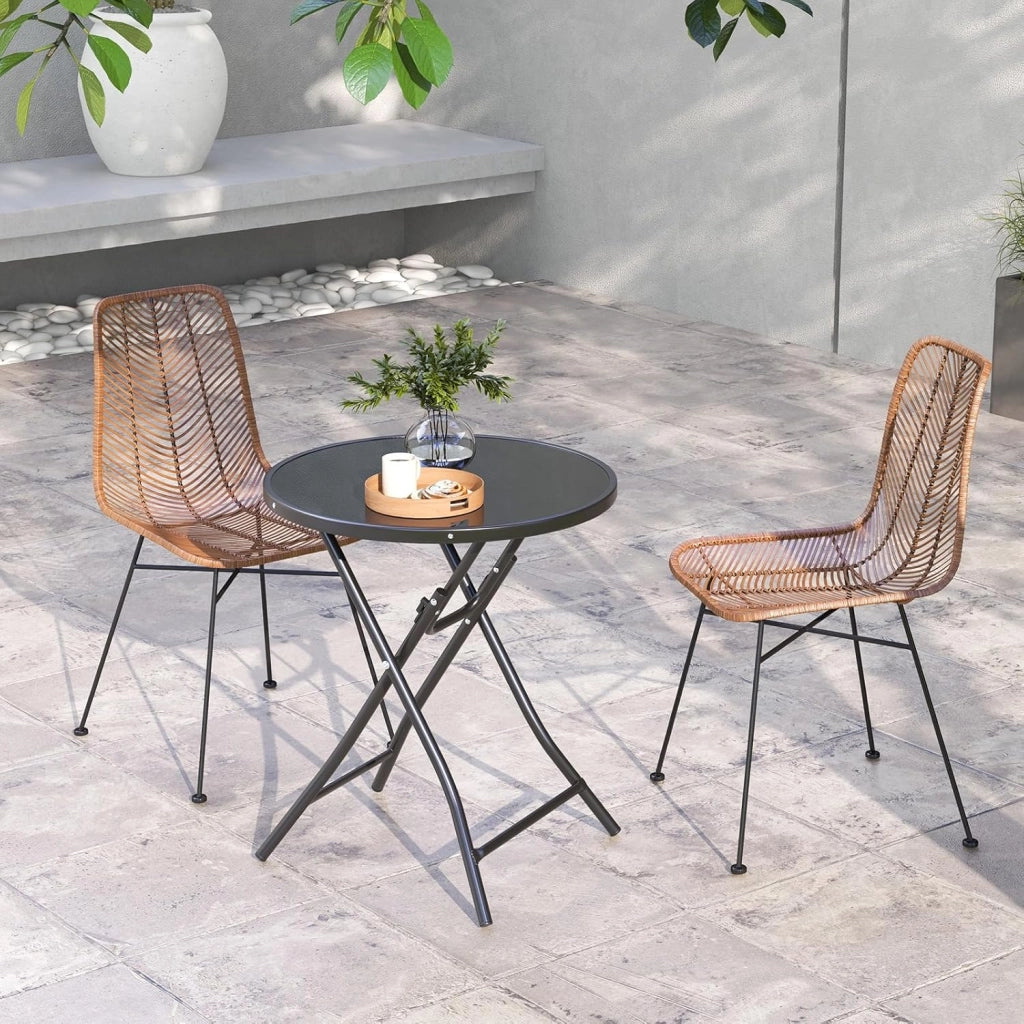 Tavolino Pieghevole da Esterno, Tavolo Rotondo 59 cm, con Ripiano in Vetro Temperato, Struttura Metallica, Portata 50 kg, per Terrazza, Balcone, Giardino, Piscina