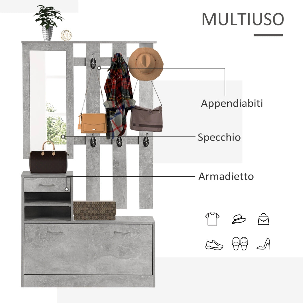 Mobile Guardaroba per Ingresso con Specchio Appendiabiti e Scarpiera Regolabile Grigio cemento 90x22x116 cm